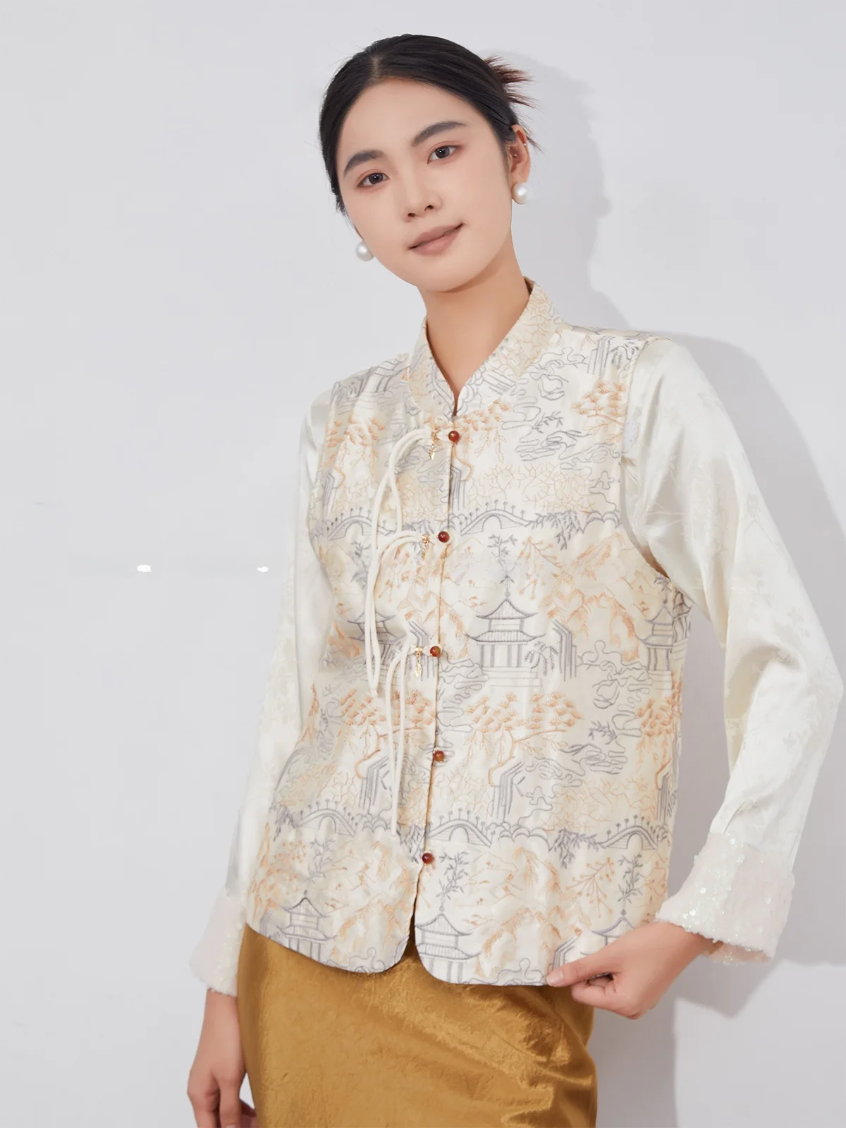 

ChillFit New Chinese Sle Women's White irt Vest Two-Piece Set Autumn 2026 New Arrival Long Sve round Ne Button Sle