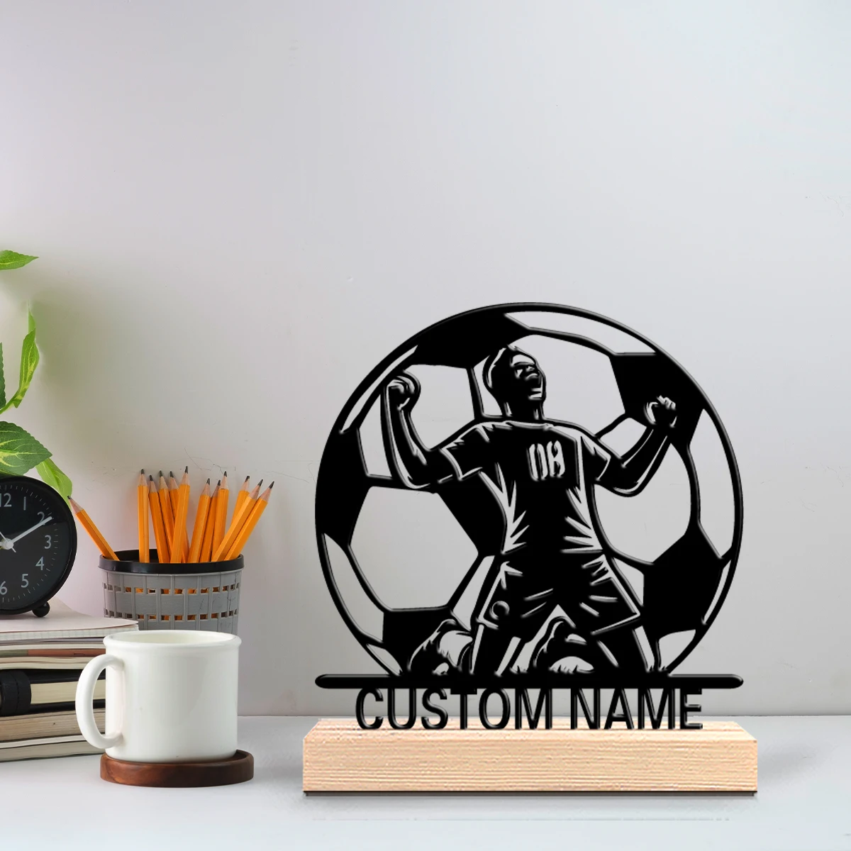 1pc Weird Personalized Custom Football Metal Statues Wooden Base Entryway Decor for Modern Farmhouse Garage Rustic Office Spaces