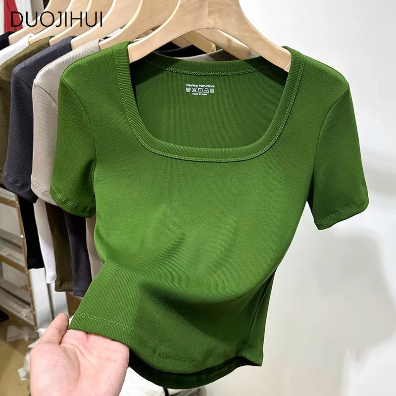 

DUOJIHUI Green Sweet Square Neck Slim Waist Female T-shirts Summer Basic Solid Color Fashion Office Ladies Casual Women T-shirts