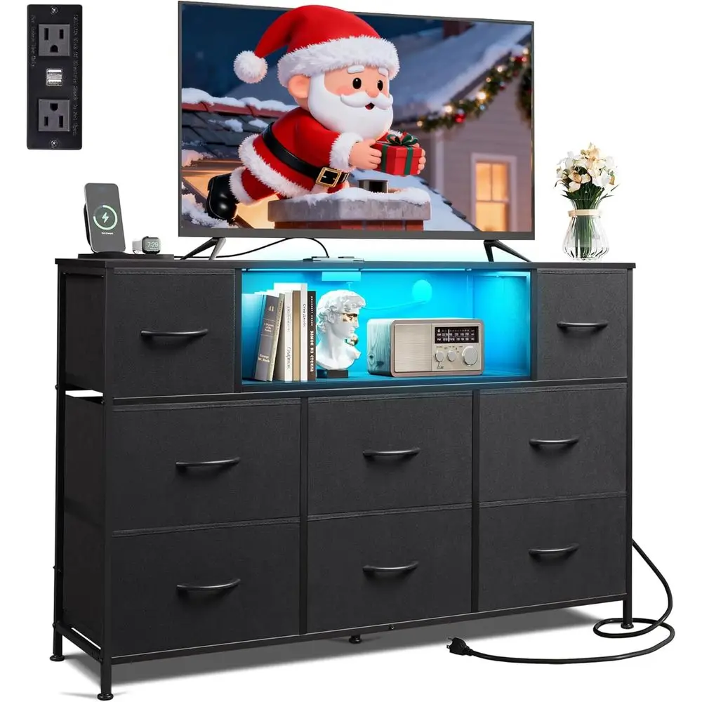 TV Stand for 45-55 Inch TVs: Entertainment Center with LED Lights, Charging Station, Fabric Drawers, and Open Shelves