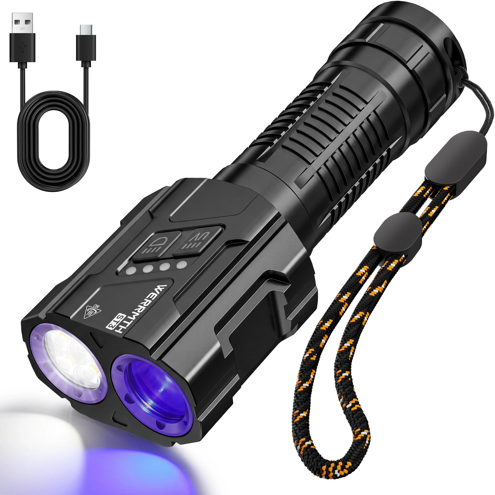 2 in 1 LED Flashlight, 365nm UV Black Light & White Light Flashlight, USB-C Rechargeable, 7 Modes, Magnetic Base,Camping