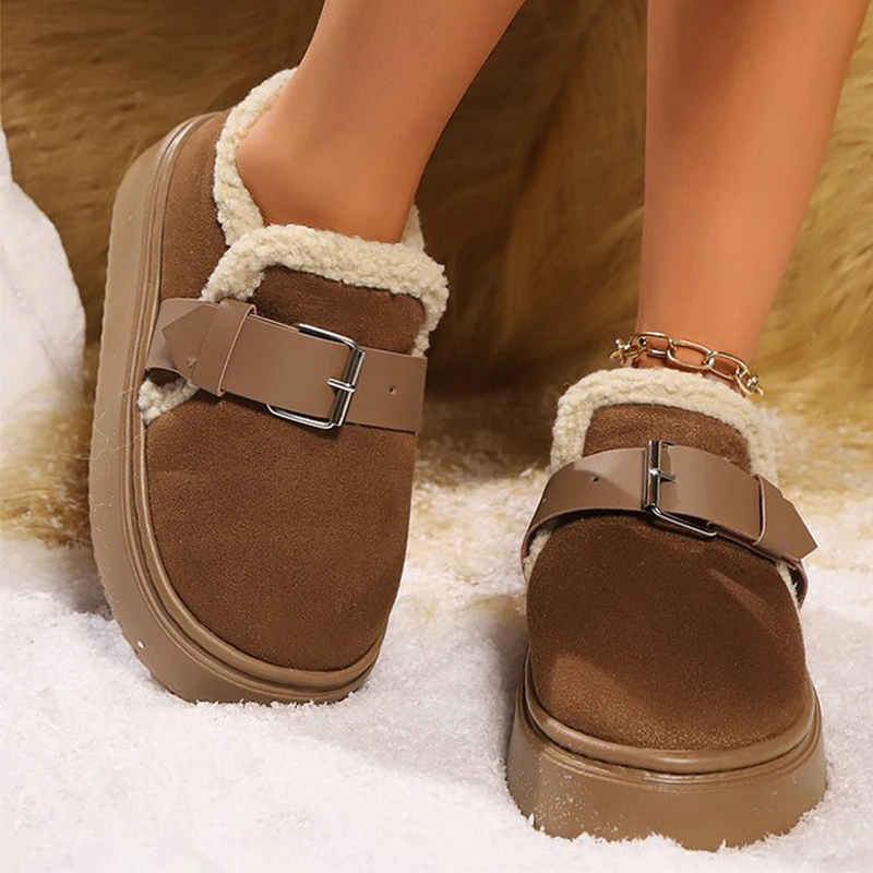 

Корейские зимние ботинки с пряжкой для женщин, зимние ботинки с круглым носком на толстой подошве, женские шикарные зимние ботинки из искусственной замши, сохраняющие тепло, короткие туфли Cortton