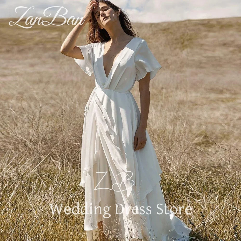 ZanBan Customized Short Sleeves V Neck Boho Bridal Dress Floor Length Tiered Irregular Wrap A Line Rustic Wedding Gown Simple