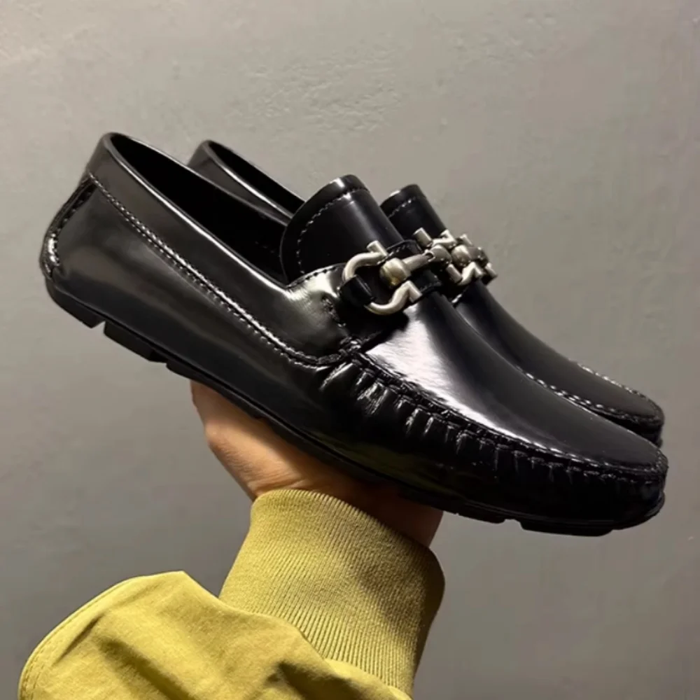 

Leather Loafers Men's Shoes Business Casual Round-toe Shoes Metal Buckle Black Soft Soles Driving Shoes