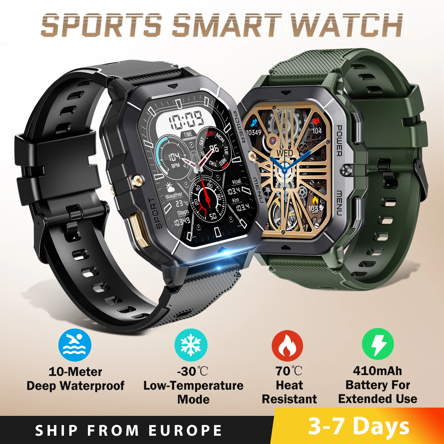 Sports Smart Watch Bluetooth Call AI Voice Assistant Health Monitor 410mAh Battery 1ATM Waterproof Fitness Tracker Smartwatch