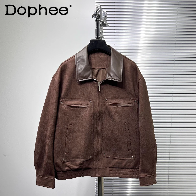 

Men's 2025 Autumn Retro Lapel Splicing Faux Leather Jackets Loose Stylish Motorcycle Jackets Long Sleeve Zipper Decoration Coats