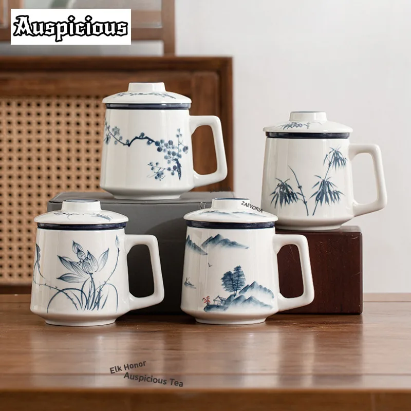 430ml Hand-painted Lotus Filter Tea Separator Cup Zen Tea Mug with Infuser Handgrip Cups Tea Maker Office Water Cup Tea Services