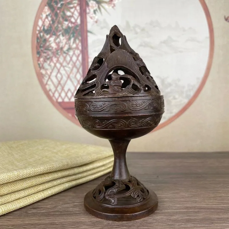 Vintage pure brass hollowed-out Boshan incense burner, Chinese-style indoor ornament, sandalwood and agarwood incense burner cra