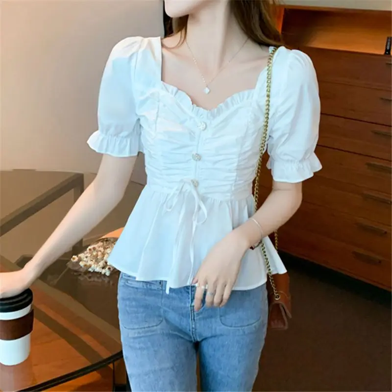 

French Sweet Age-reducing Puff Sleeve Chiffon Shirt for Women in Summer New Fashion Square Collar Short Waist Skirt TopYY152