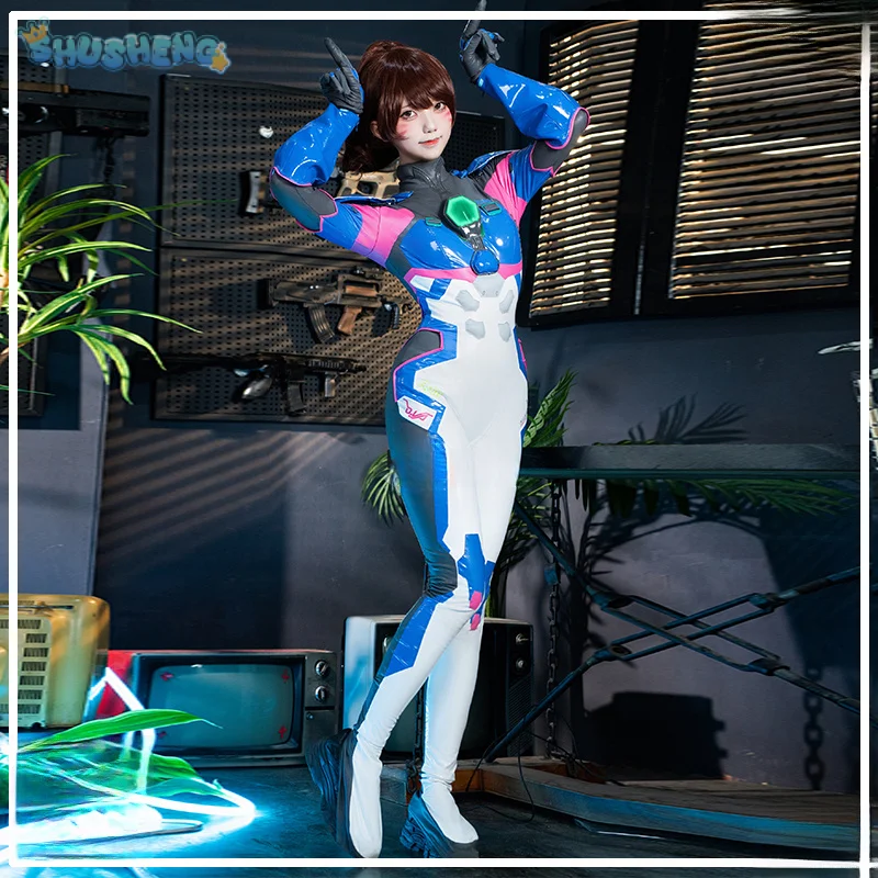 D. va 오버워치 2 DVA 코스프레 게임 코스튬 하이 퀄리티 섹시한 점프 수트, 어깨 갑옷 장갑 액세서리 세트, 여성 파티 유니폼, 신제품