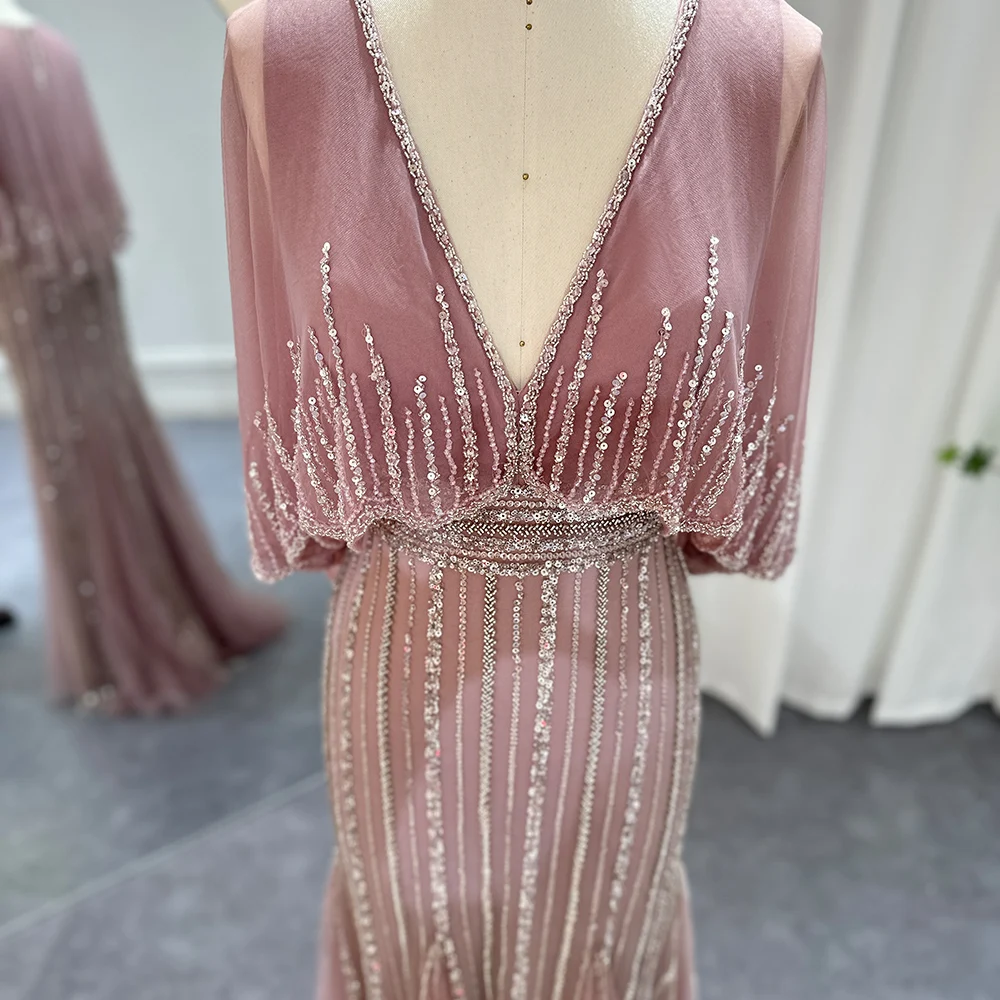 Sharon Said Dubai Luxuriöse Salbeigrüne Meerjungfrauen-Abendkleider mit Cape, V-Ausschnitt, Arabisch, für Hochzeitsfeier, SS284, Maßanfertigung – Detail 16