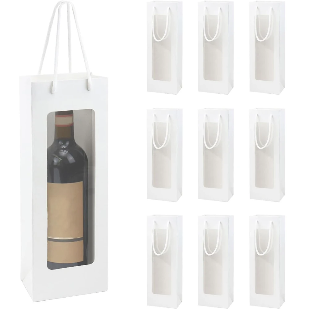 Sacs cadeaux pour vin avec fenêtre transparente, sacs en papier Kraft avec poignées pour bouteilles de champagne, fleurs, pour fête d'anniversaire de la Saint-Valentin, 10 pièces