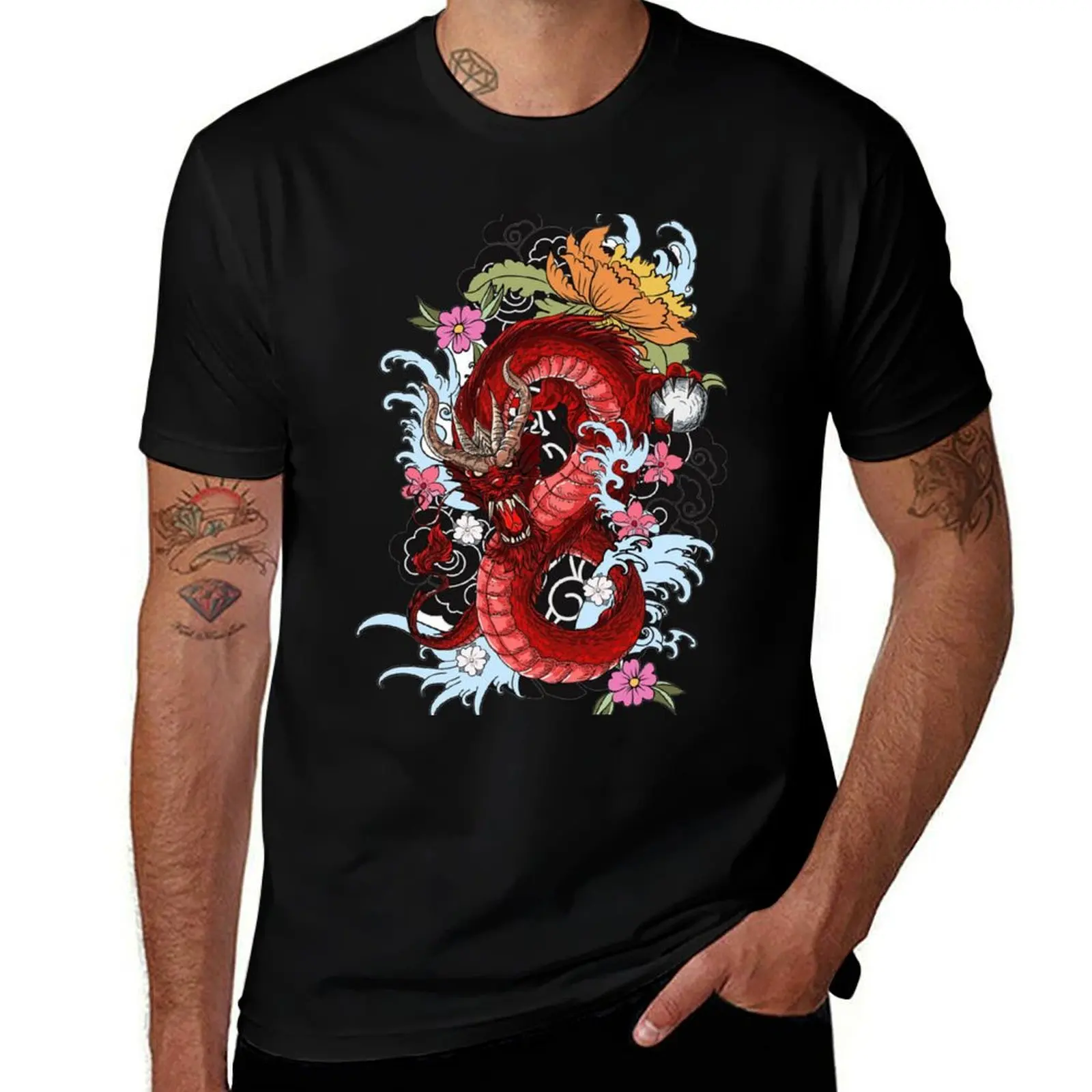 

print custom Dragon t mens T-Shirt Red shirts designer shirts t graphic Sun the shirt of t Red