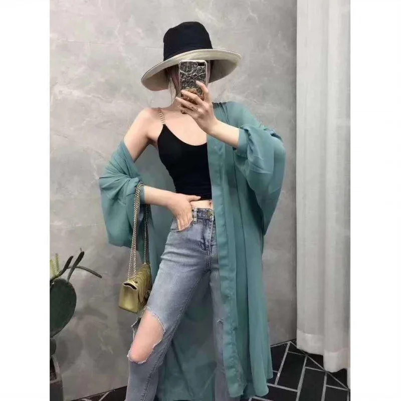 Sun protection clothing Women's Mid-length chiffon tops cardigan summer thin beach jacket air conditioning shirt