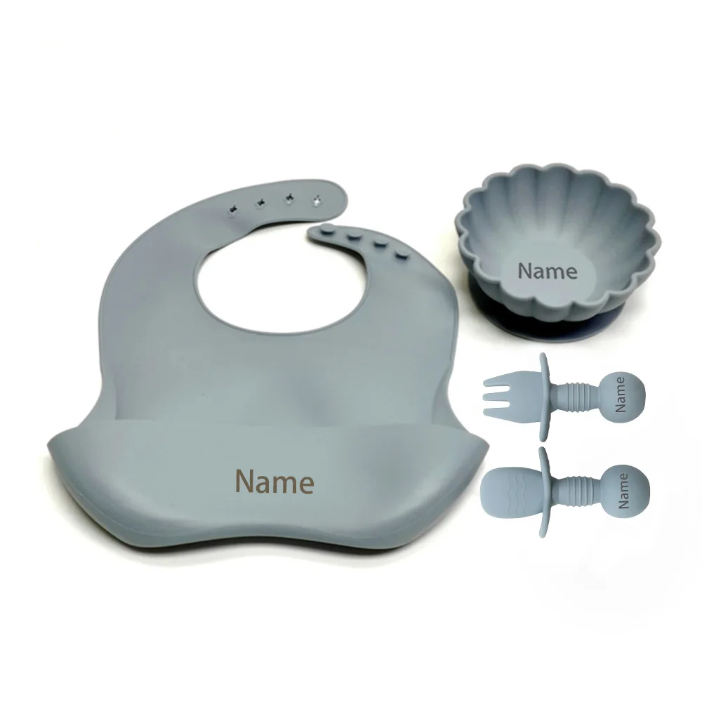 Free Name Printing 4PCS Silicone Tableware Set (Bowl, Fork, Spoon, Cup) Suitable for Boys & Girls - Holiday Gift