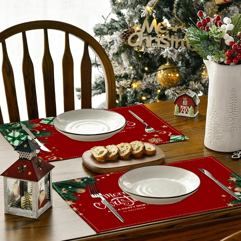 Christmas Placemats Linen Red Plaid Non Slip Table Mat Farmhouse Winter Navidad Xmas Placemats Home Kitchen New Year Decor