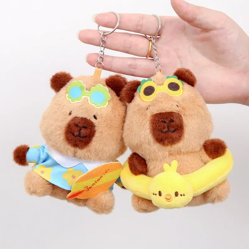 13cm Capybara Keychain Plush Stuffed Animal Toy Hawaiian Summer Swimming Ring Skateboard Accessory Gift for Kids Adults