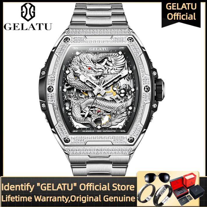 

GELATU 6021 Stainless steel high-end Wristwatch for Men 3D Dragon Dial Synthetic Sapphire Mirror Waterproof Watch Automatic