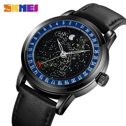 SKMEI 2116 Mens Casual Genuine Leather Strap Date Wristwatch reloj hombre Quartz movement Fashion Starry Sky Moon Phase Watches