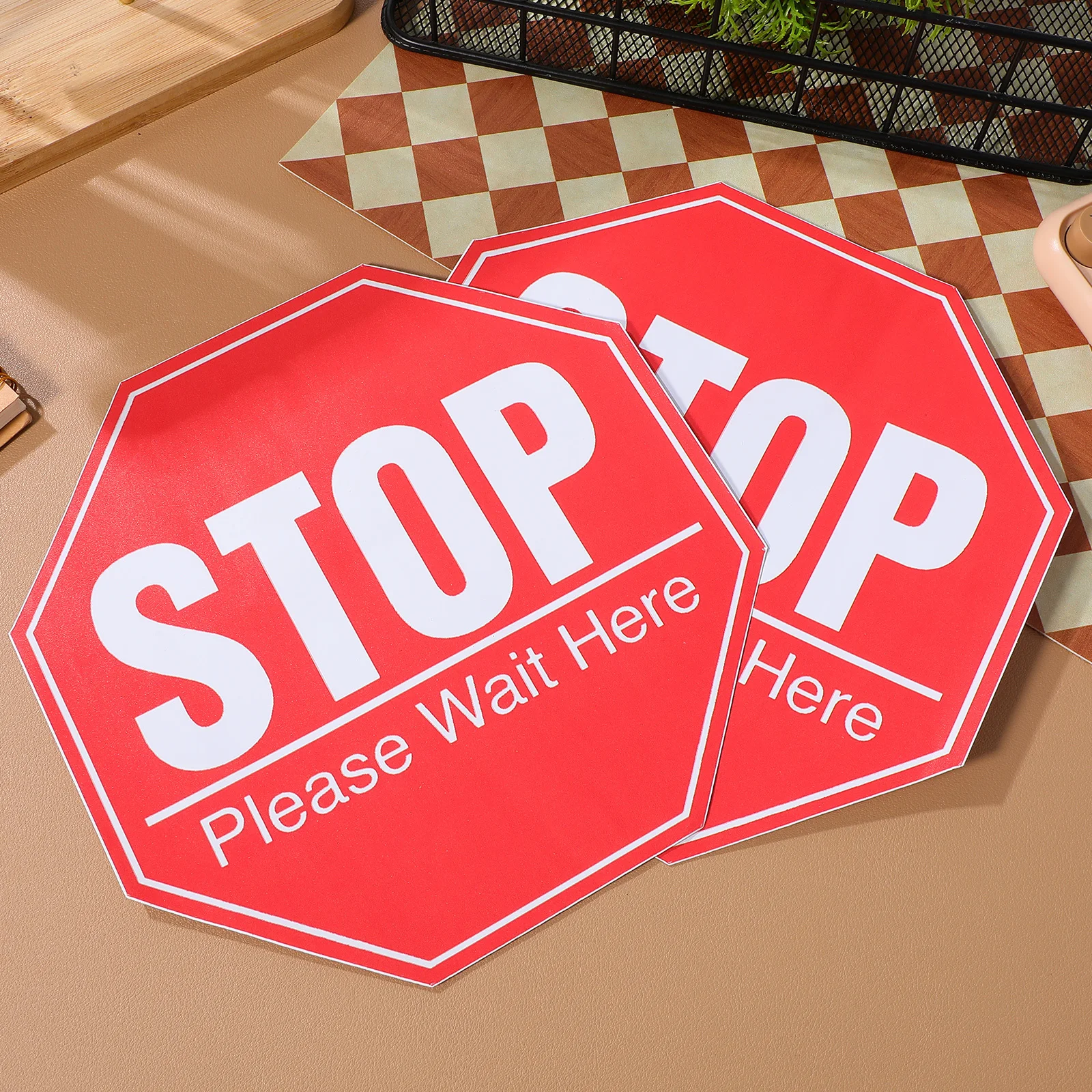

5 Sheets Social Distancing Floor Stickers Bright PVC Stop Please Wait Here Signs Public Safety Distance Awareness Decals