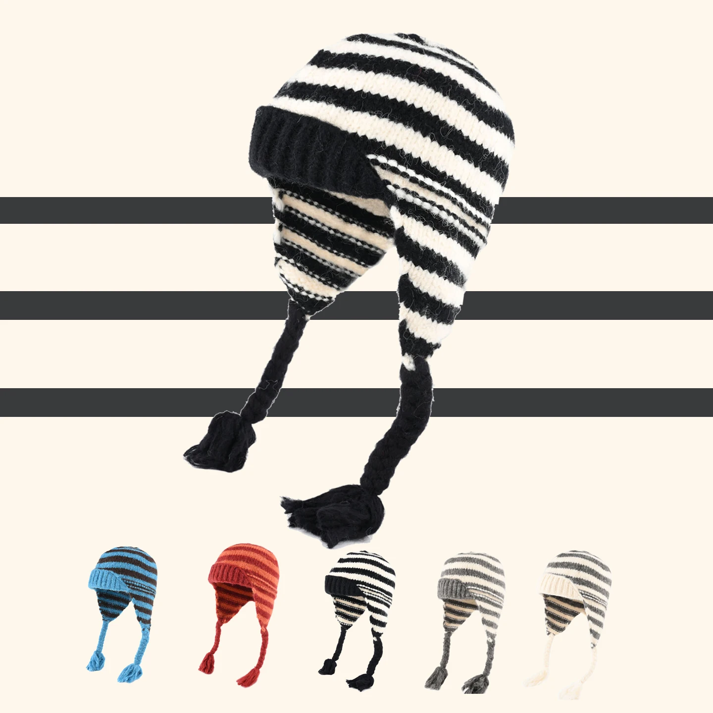 Korean Vintage Striped Color Block Knitted Beanie Women Autumn Winter Warm Ear Flaps Slouch Hat Cable Braid Knitted Bomber Hat