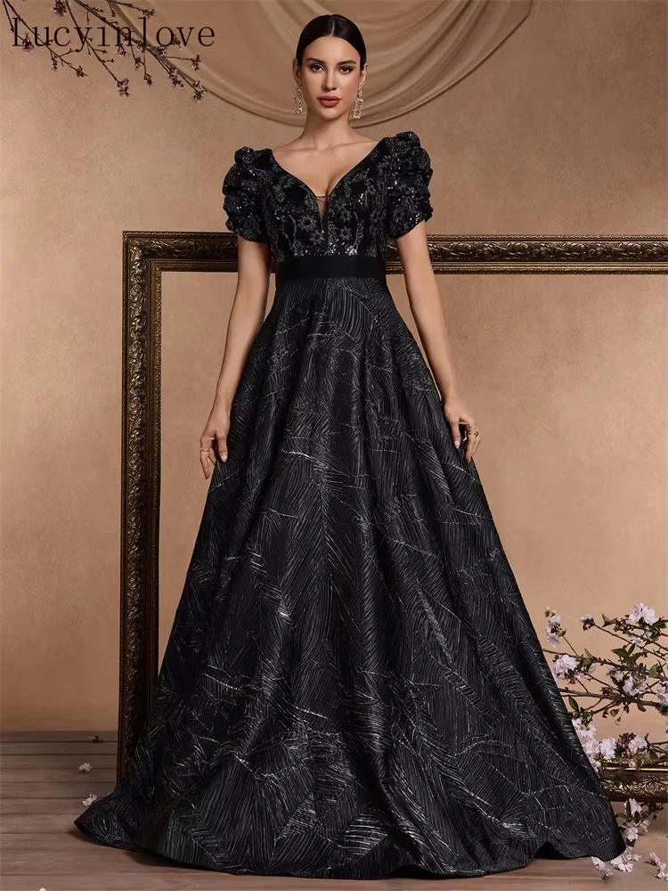 

Роскошные черные вечерние платья Lucyinlove с V-образным вырезом и пайетками, женские, 2026, с коротким рукавом, А-силуэт, для выпускного, свадьбы, коктейльных вечеринок