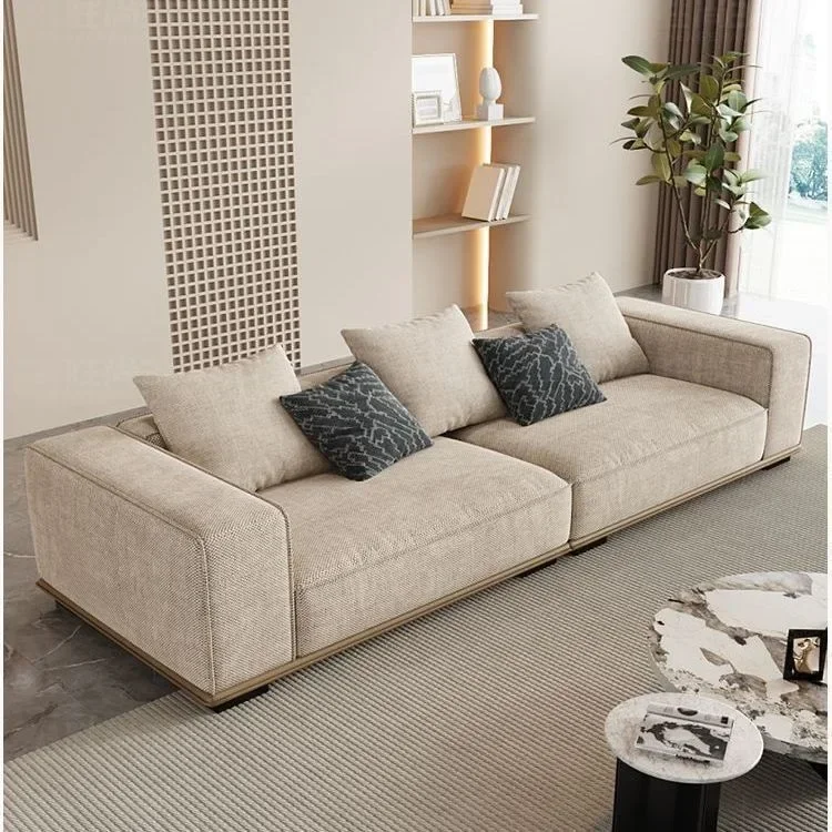 Simple and modern Italian horizon sofa villa large flat layer straight row cotton and linen fabric sofa solid wood