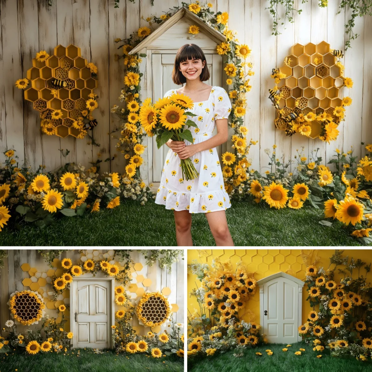 Spring Garden Photography Backdrop Yellow Sunflower Wall Honeycomb Girls Wedding Birthday Party Portrait Decor Photo Background