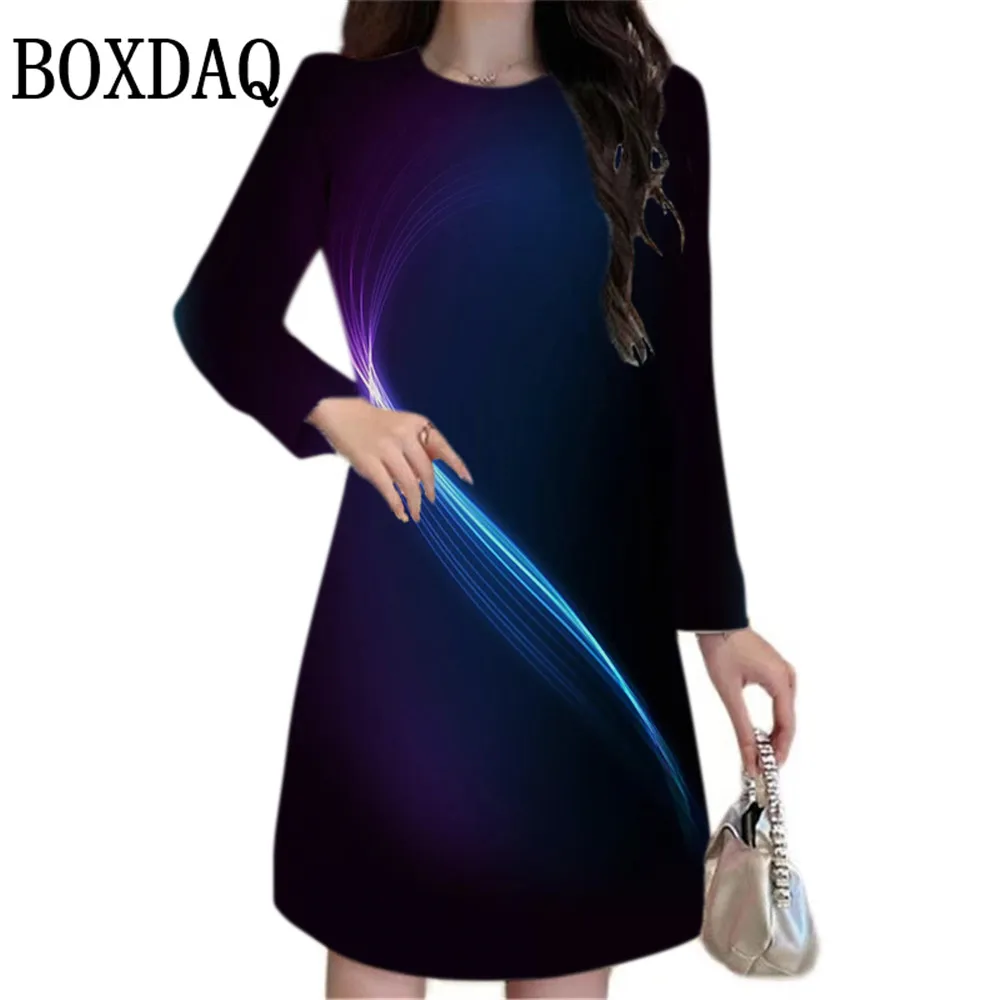 Colorful Feather Pattern Women Dress New 2024 Autumn Winter Clothing Fashion Elegant Long Sleeve O-Neck Gradient Print Dresses