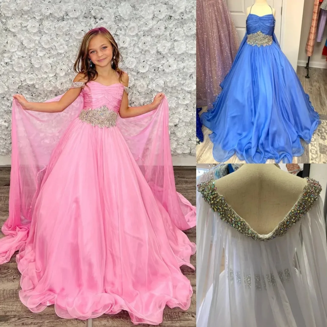 Customized Periwinkle Girl Pageant Dress Off-Shoulder Cape Crystals Chiffon Little Kid Birthday Formal Party Gown Infant To
