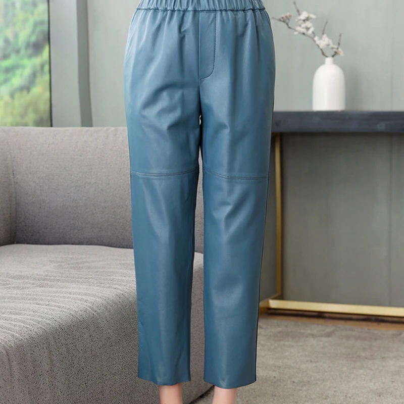 جلد طبيعي سراويلي حريمي ربيع المرأة جلد الغنم عالية الخصر بناطيل كاجوال مرونة الخصر جيب فضفاض الشارع الشهير Pantalones