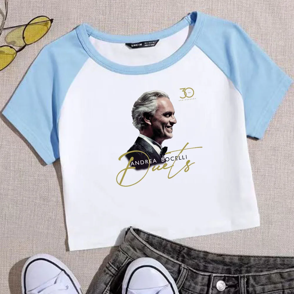 Andrea Bocelli Duets: 30th Anniversary Crop Tops T-Shirt Women Girls Fashion O-Neck Short Sleeves Fans Gift Tops