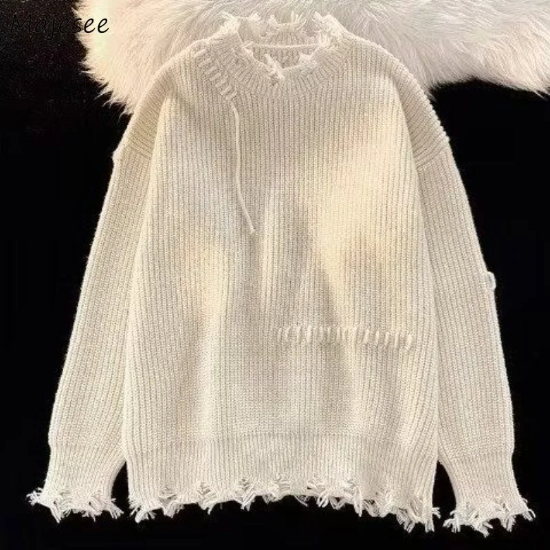 

Men Sweaters Loose Autumn Winter Basic All-match Keep Warm Ripped Tassel Design Classic Korean Style Fashion Daily Pullovers