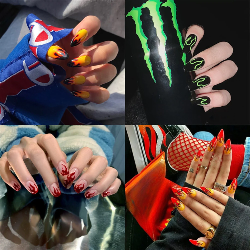 

New Fashion Colorful Flame Fake Nails for Cool Hot Girls Wearable Fake Nail Finished Nail Stickers 24Pcs Wholesale
