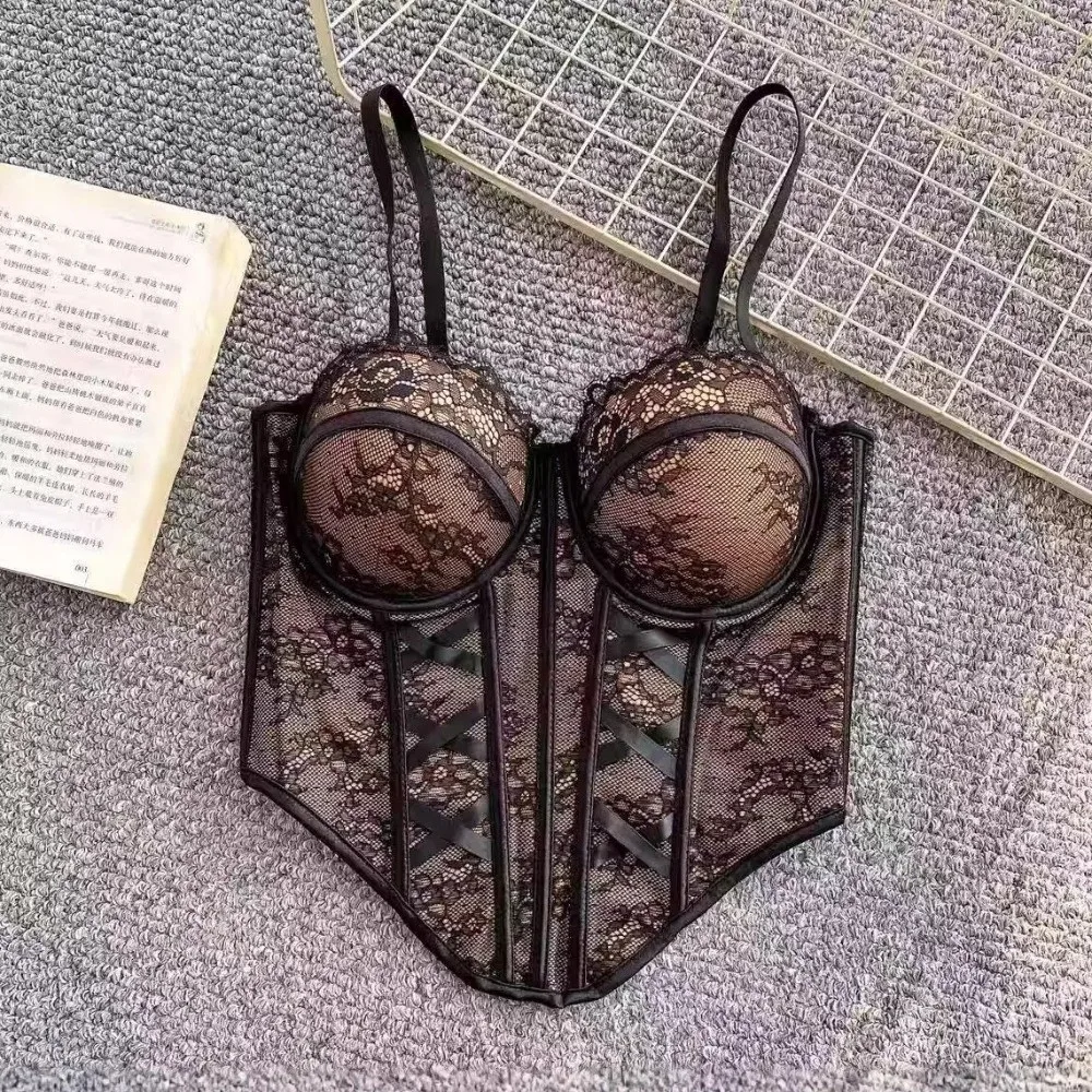 Mesh Flower Lace Corset Fishbone Bottoming Shirt Girl's Suspender Vest Spicy Girls Style Sleeveless Lace Camisole with Pads Lady