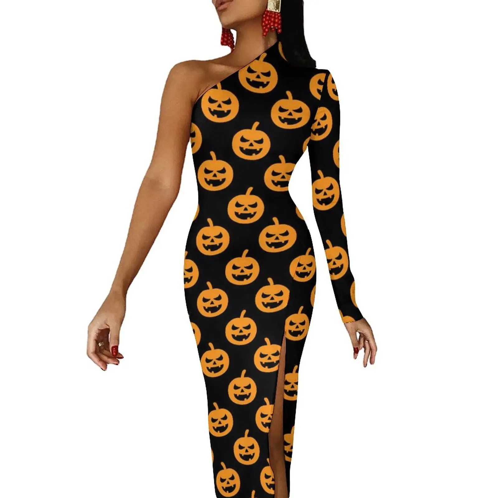

Pumpkin Bodycon Dress Women Spooky Halloween Night Club Maxi Dress One Shoulder Aesthetic Printed Dresses Gift Idea