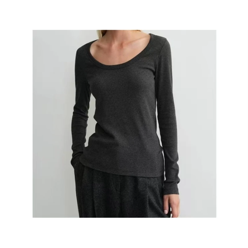 

25-летний TT, новый классический топ с низким круглым вырезом, облегающая нить, повседневный сезонный стиль, одинарный топ с длинными рукавами