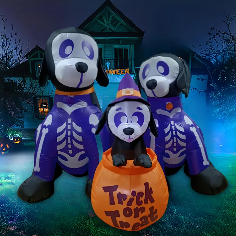 1.8/6FT 3pcs Inflatable Skeleton Dogs with Pumpkin Bucket Halloween Decoration Glowing Puppies Outdoor Horror House Party Decor