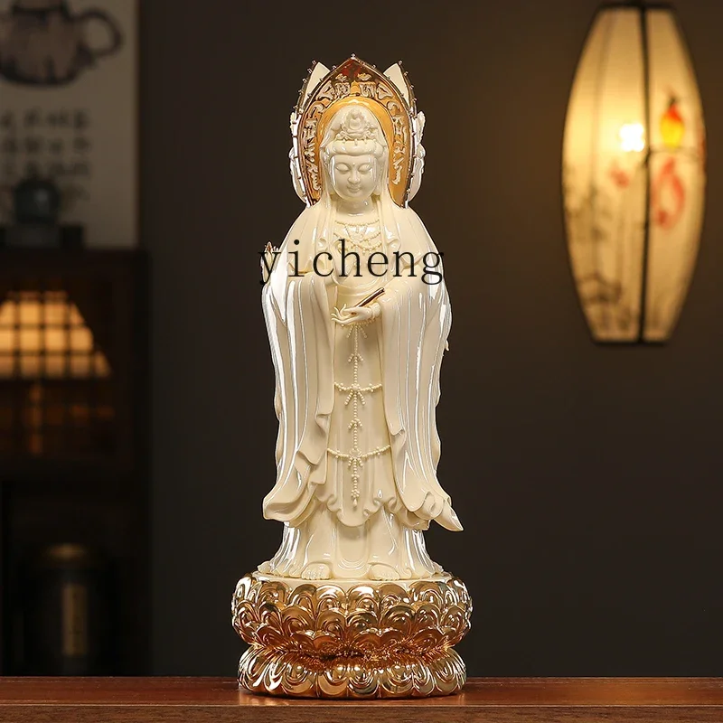 Three-Faced Guanyin Buddha Statue Ornament for Home Altar Worship White Porcelain Standing Premium
