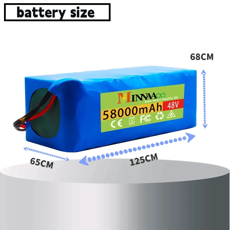 Batería de iones de litio de alta capacidad para patinete eléctrico, 48V, 100Ah, 1000W, 13S3P, 99999Mah, 54,6 V, con Bms y cargador