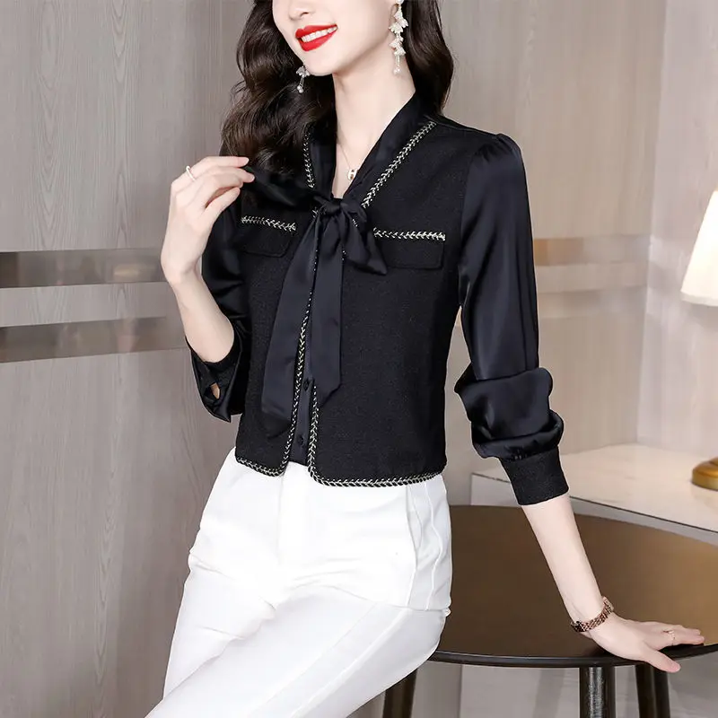 Commute V-Neck Fashion Bow Shirt Female Clothing Single-breasted Spring Autumn Patchwork Long Sleeve Korean Solid Color Blouse