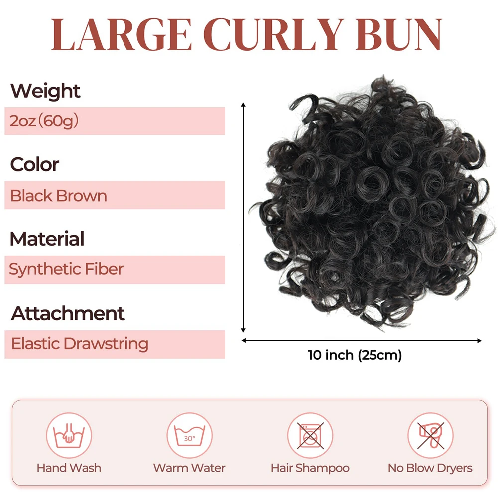 Pedaço de cabelo sintético bagunçado para mulheres, cordão elástico, onda solta, pães encaracolados, extensões de pedaço de cabelo, marrom escuro, 60g