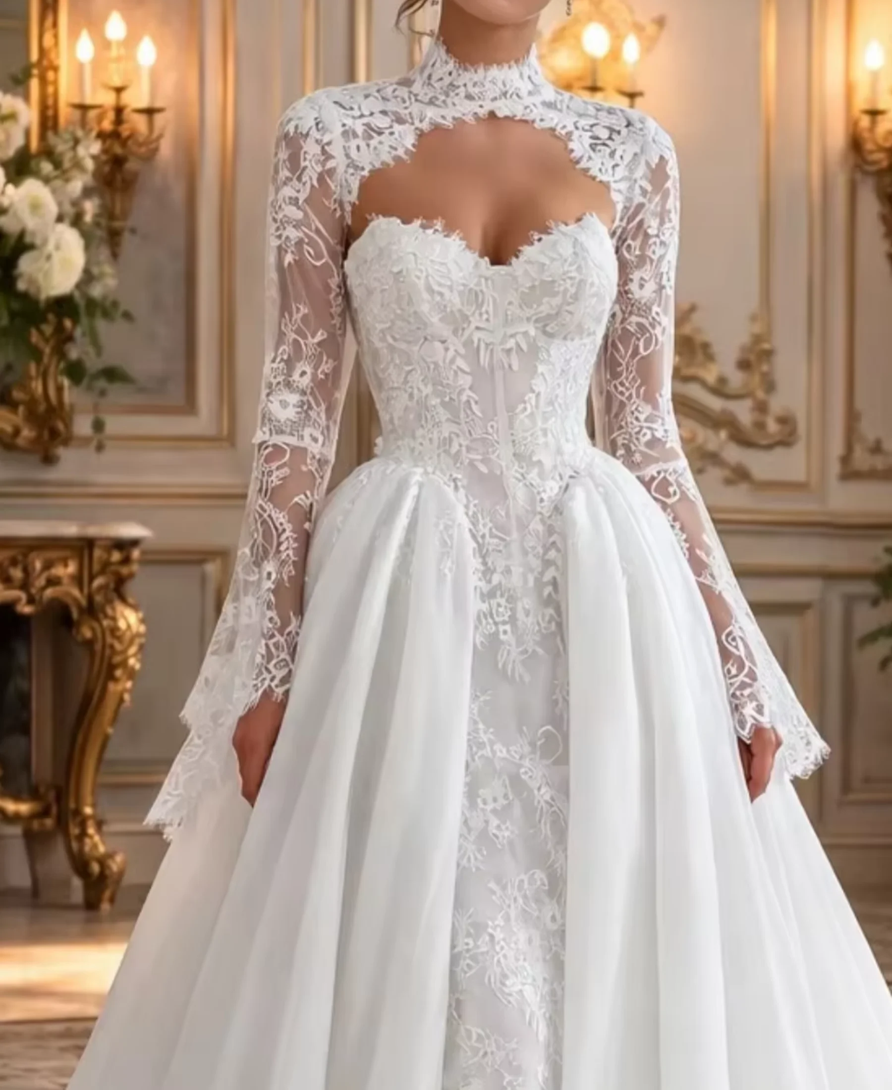 Customized Strapless Lace WeddingDresses A Line Long sleeves Bridal Gowns with Removable Lace Jacket Vestido De Novia