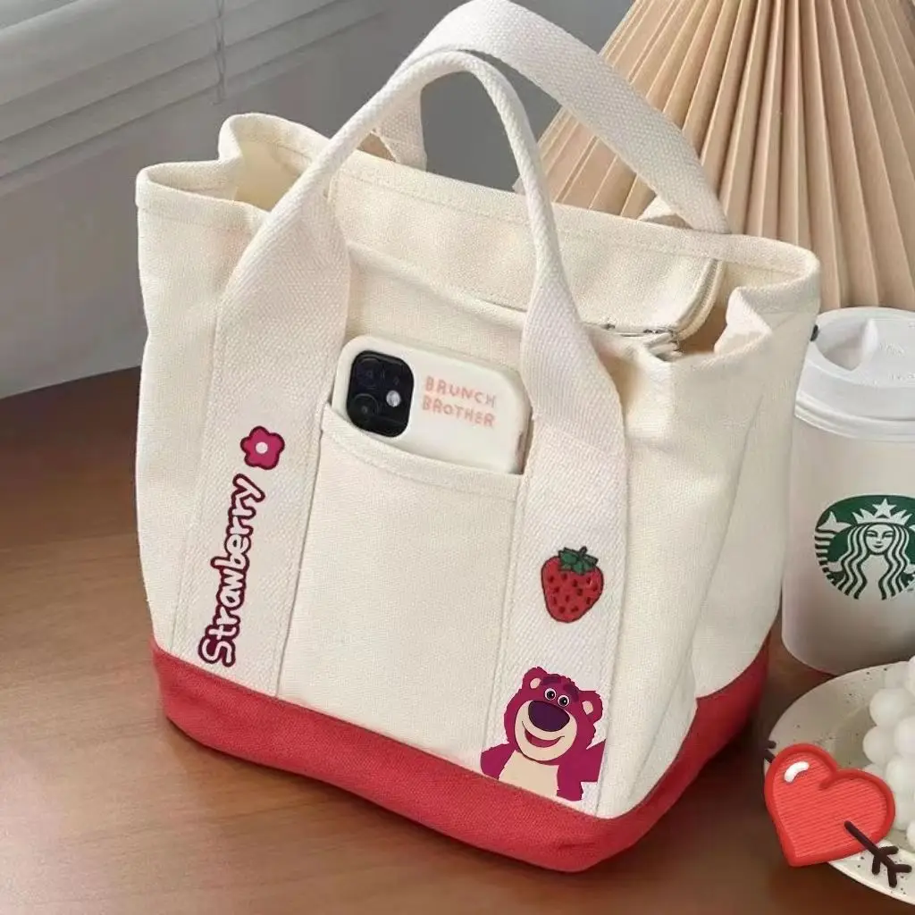 

New Miniso For Disney Lotso Lunchbox Bag Canvas Tote Portable Fashion Large Capacity Tote Bento Bag Go To Work Lunch Bag