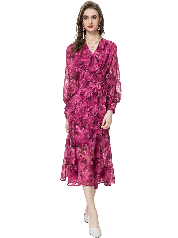 Seasixiang Fashion Designer Spring Jacquard Dress Women V-Neck Lantern Sleeve Rose Flowers Print Vintage Lace-up Dresses