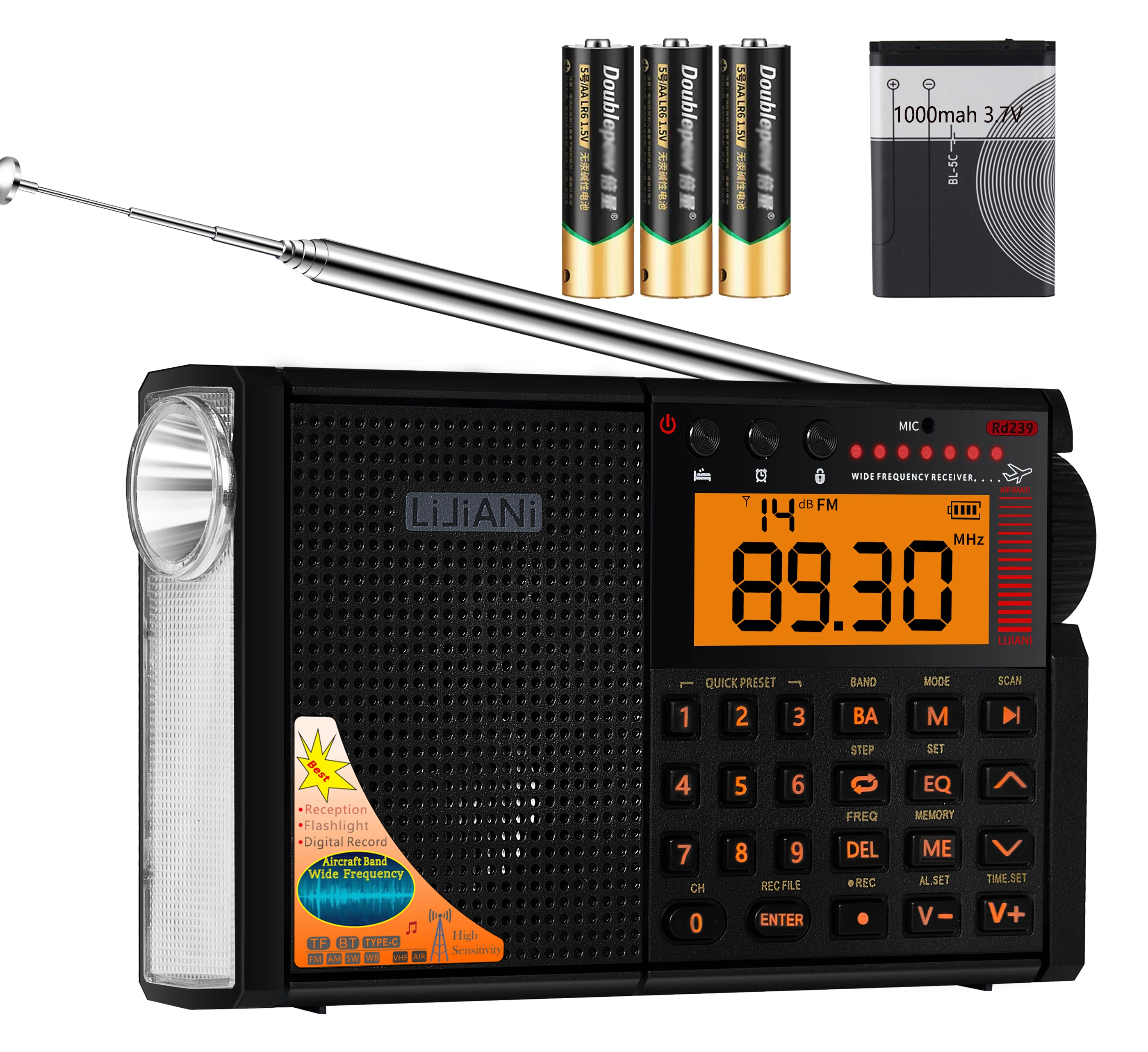 rd239 Aircraft Radio AIR/VHF/AM/FM/SW/Weather Bands Transistor with Bluetooth/TF Card/Flashlight,MP3 Player, Digital Record,