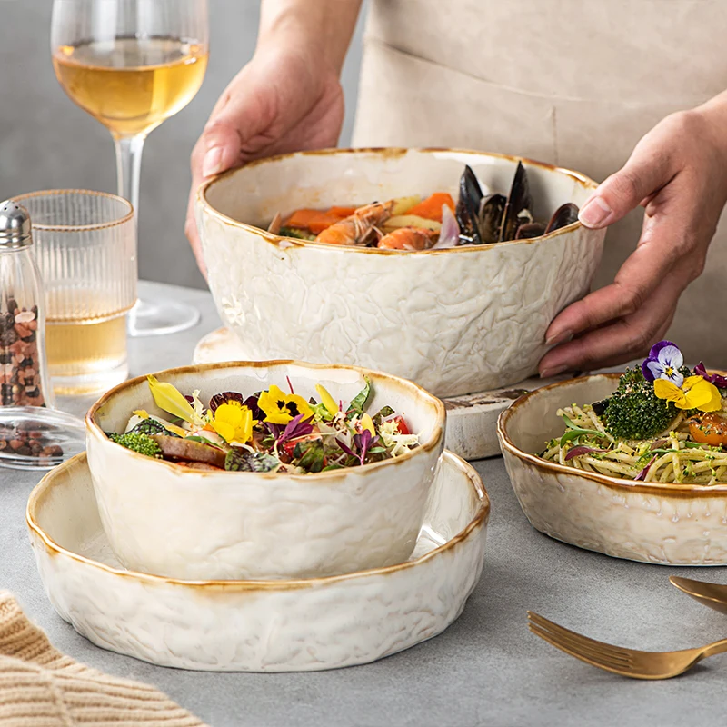 Retro Ceramic Bowl Off-White Stone Pattern Salad Noodles Fruits Bowl Restaurant Kitchen Tools Western Food Soup Bowl Deep Dish