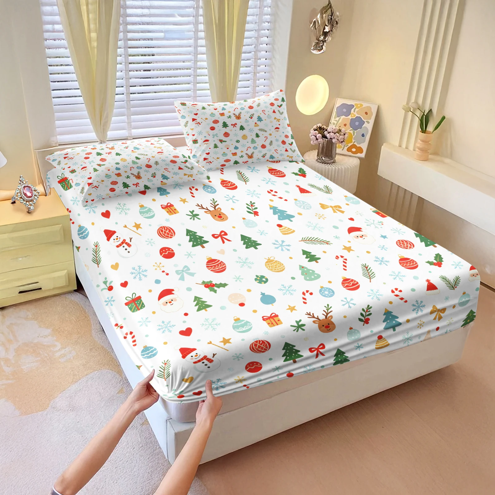 Christmas Fitted Sheet Bedding Set Santa Reindeer Snowflake Xmas Printed Mattress Cover with Pillowcases Soft Elastic Bed Linen