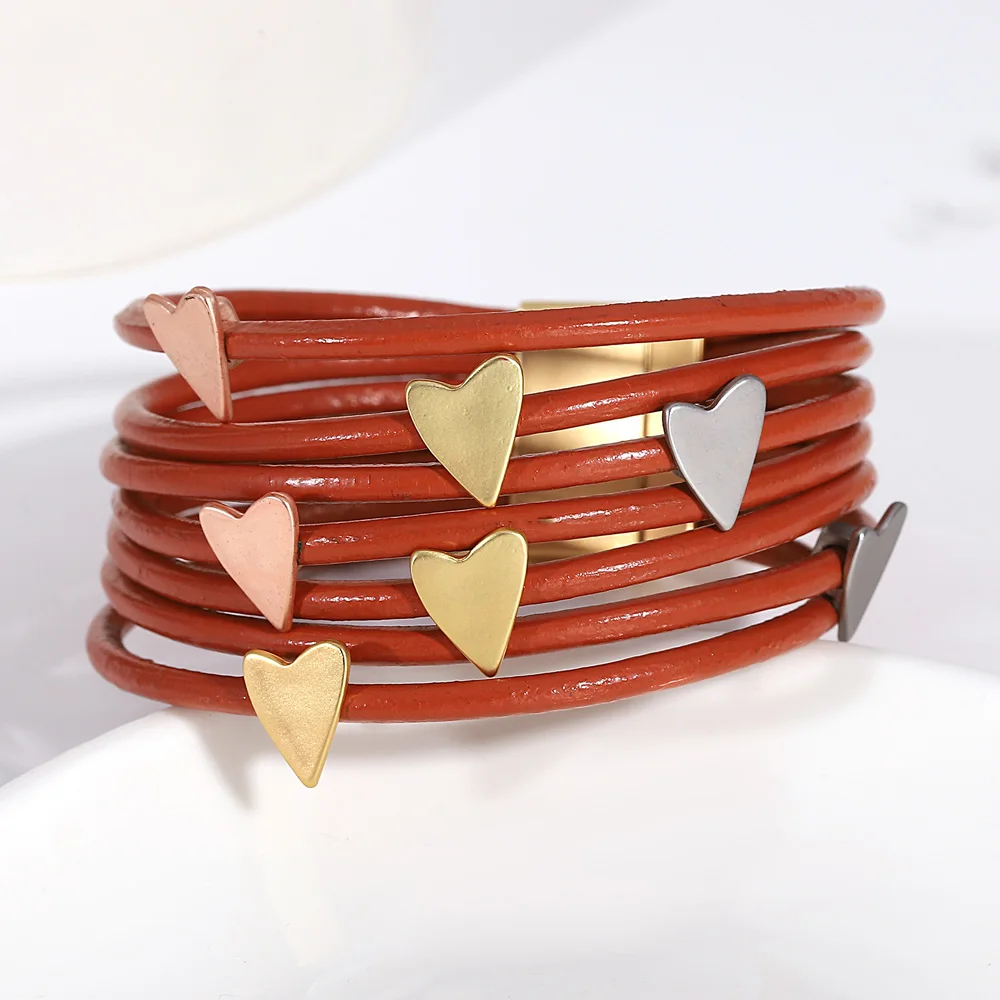 ALLYES Multicolor Metal Heart Wrap Bracelet for Women Trendy Charm Smooth Layered Leather Bracelets Valentine\'s Day Gifts