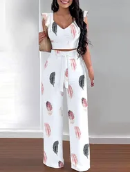 Sexy V Neck Sleeveless Shirt Long Pant Set Office Lady Spring Summer Print Blouse Pants Two Piece Sets For Women Outfit 2023